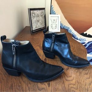 Black leather Frye double zip ankle boots
